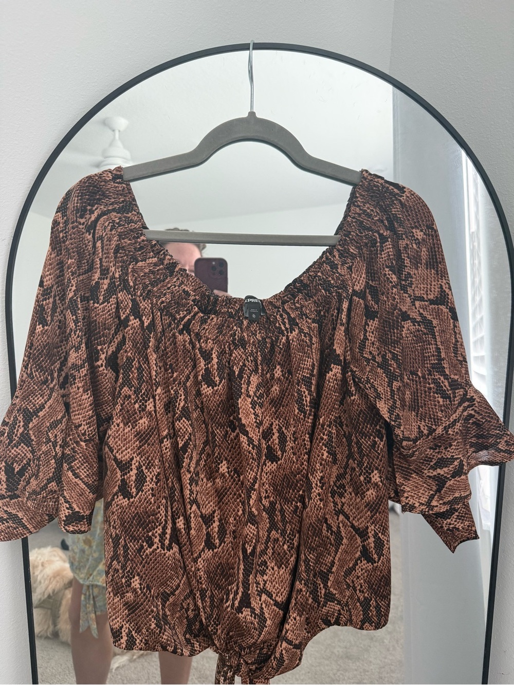 Express Brown Snake-Print Puff Sleeve Blouse
